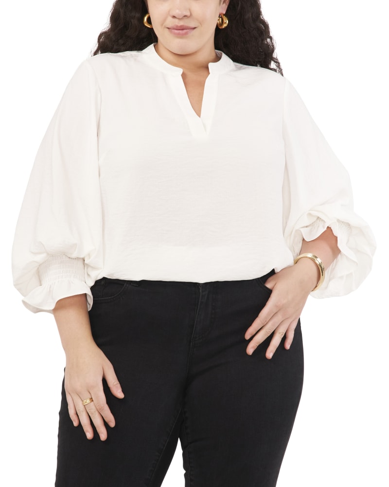SPLIT NECK LONG SLEEVE BLOUSE WITH SMOCKED CUFF NEW IVORY